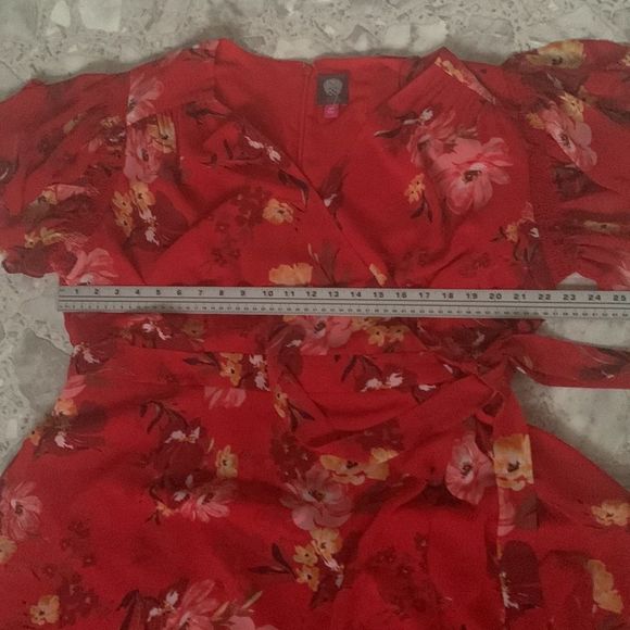 Vince Camuto Womens Wildflower Ruffled Dress red flutter sleeve back zip tie 18W - Picture 5 of 6
